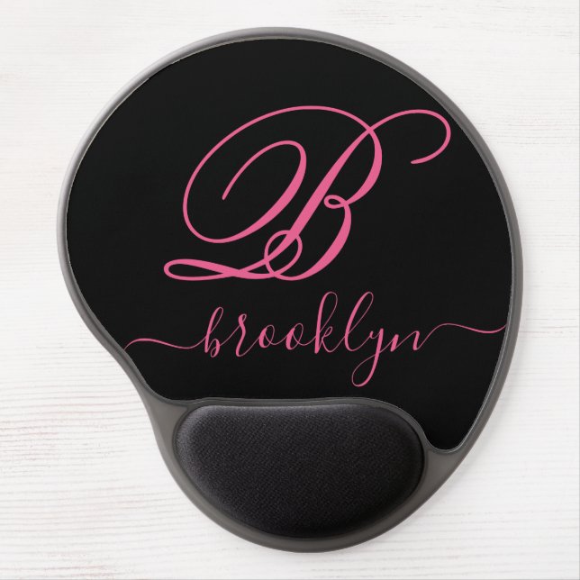 Modern Elegant Black Pink Handwritten Monogrammed Gel Mouse Pad (Front)