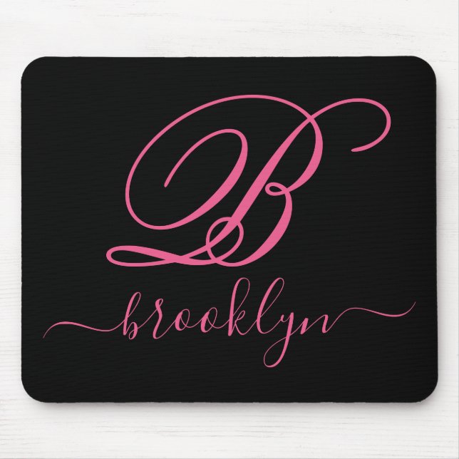Modern Elegant Black Pink Handwritten Monogrammed Mouse Pad (Front)