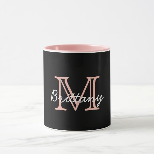 Modern Elegant Black Pink Handwritten Monogrammed Mug