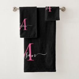 Modern Elegant Black Pink Monogram Script Name Bath Towel Set