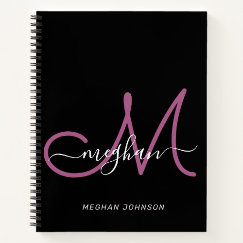 Modern Elegant Black Purple Script Monogram Notebook