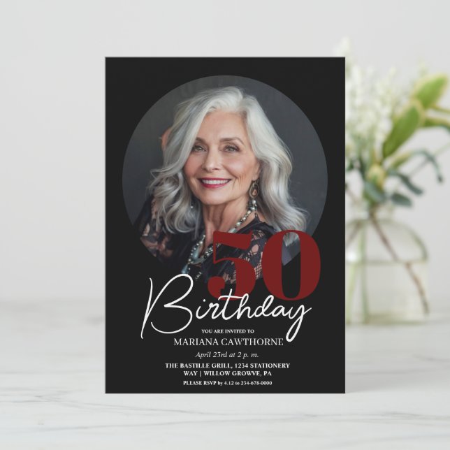Modern Elegant Black Red 50th Birthday Party  Invitation (Standing Front)
