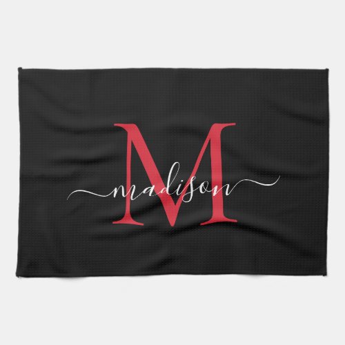 Modern Elegant Black Red Burgundy Monogram Script Kitchen Towel