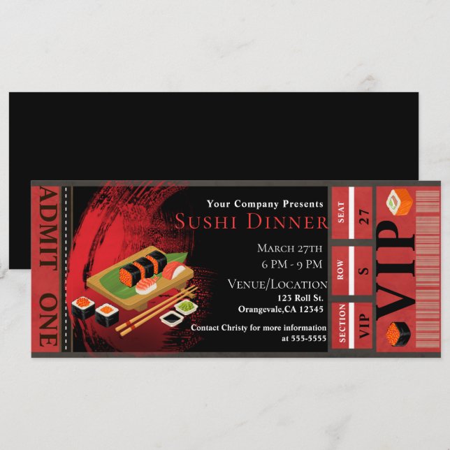 Modern Elegant Black & Red Sushi VIP Dinner Party Invitation (Front/Back)