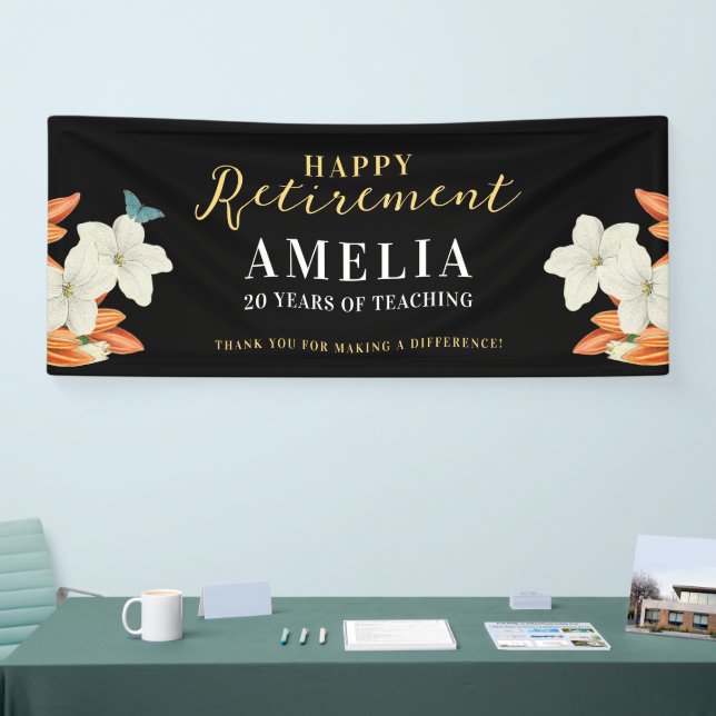 Modern Elegant Black Retirement Floral Gold Script Banner (Tradeshow)