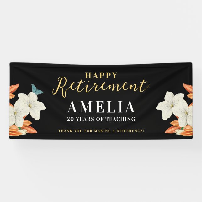 Modern Elegant Black Retirement Floral Gold Script Banner (Horizontal)