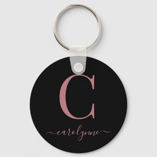 Modern Elegant Black Rose Gold Monogram Script Keychain