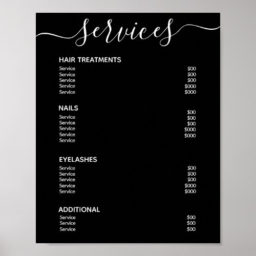 Modern Elegant Black Salon Price List Service Menu Poster