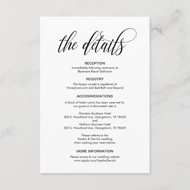 Modern Elegant, Black Script, Our Wedding Details Enclosure Card (Front)