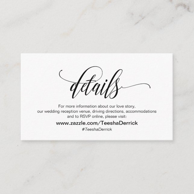 Modern Elegant, Black Script, Our Wedding Details Enclosure Card (Front)
