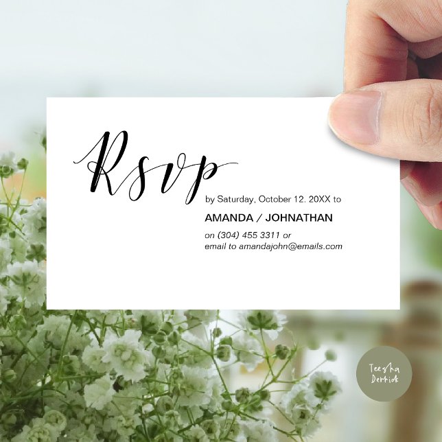 Modern Elegant, Black Script, Party RSVP Enclosure Card (Modern Wedding RSVP Invitation Card, Online reply, Email or phone, in black and white)