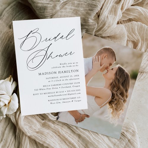 Modern Elegant Black Script Photo Bridal Shower Invitation