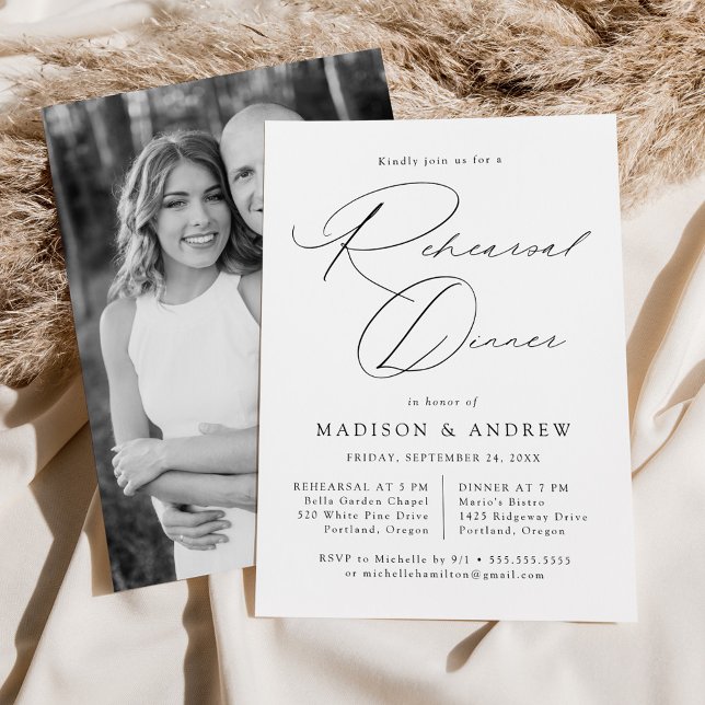 Modern Elegant Black Script Photo Rehearsal Dinner Invitation (Creator Uploaded)