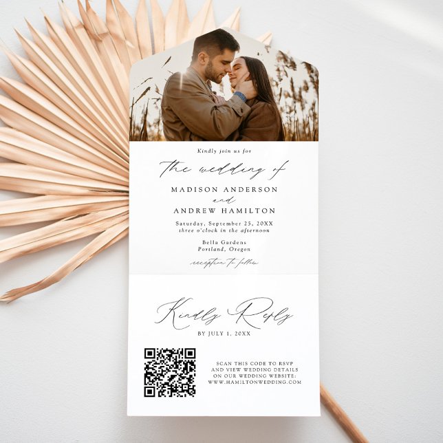 Modern Elegant Black Script Photo Wedding All In One Invitation (Creator Uploaded)