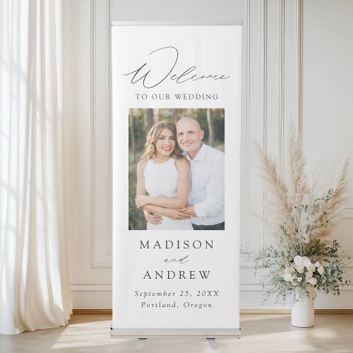 Modern Elegant Black Script Photo Wedding Welcome Retractable Banner