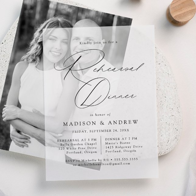 Modern Elegant Black Script Rehearsal Dinner Vellum Invitations (Creator Uploaded)