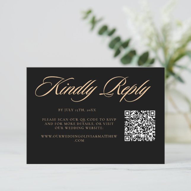 Modern Elegant Black Script Wedding QR Code RSVP Card (Standing Front)