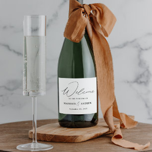 Modern Elegant Black Script Wedding Sparkling Wine Label