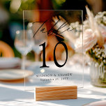 Modern Elegant Black Script Wedding Table Number Acrylic Sign<br><div class="desc">Trendy,  minimalist wedding table number cards featuring "Table" displayed in a black calligraphy script with a transparent acrylic background. To order the acrylic table card sign: add your name,  wedding date,  and table number. Add each number to your cart individually and checkout when you're finished.</div>