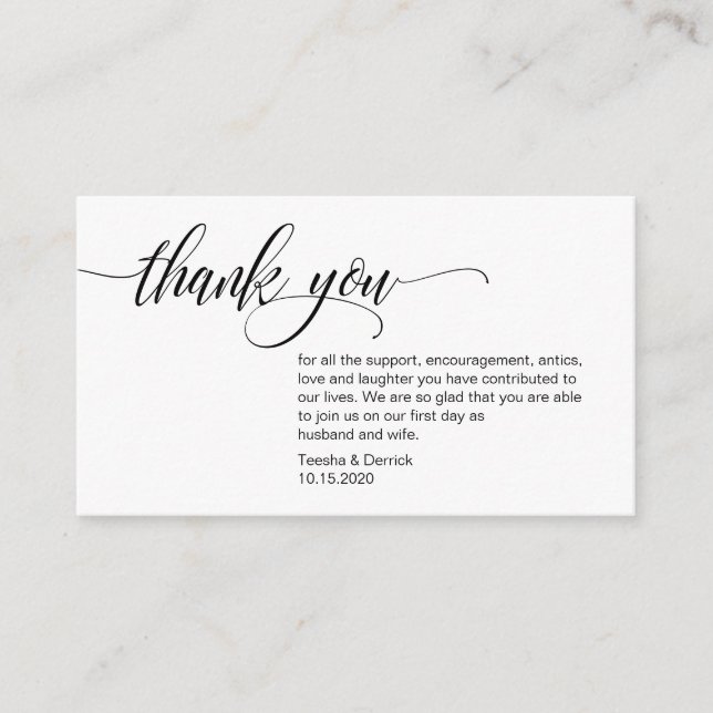 Modern Elegant, Black Script, Wedding Thank you Enclosure Card (Front)