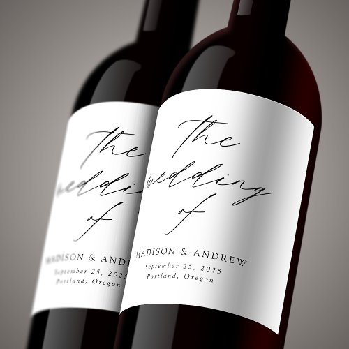 Modern Elegant Black Script Wedding Wine Label