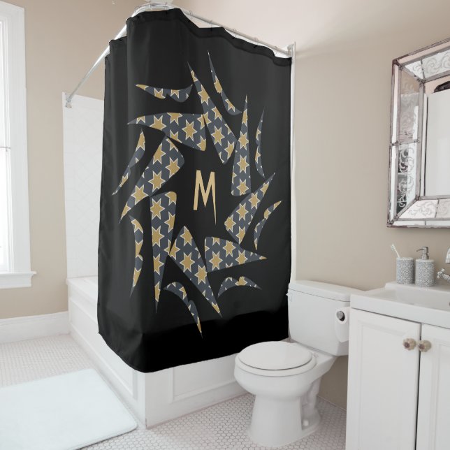 Modern Elegant Black Star Pattern Monogram Shower Curtain (In Situ)