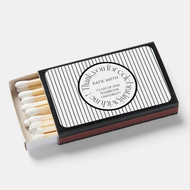 Modern elegant black stripe & bold typography grad matchboxes (Front Open)