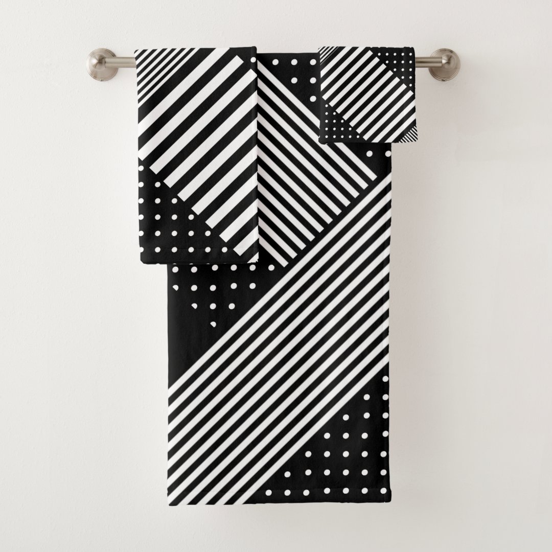Modern Elegant Black Stripe White Polka Dots Bath Towel Set Zazzle