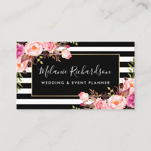 Modern Elegant Black Striped Pink Floral Business Card