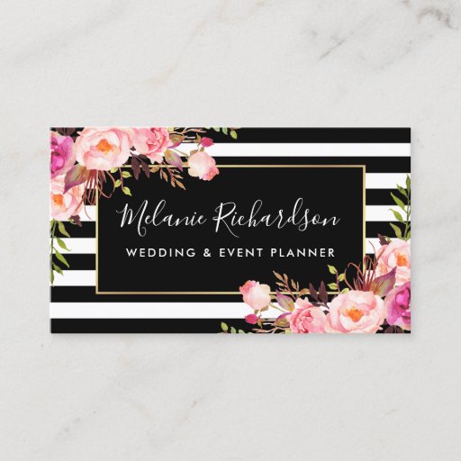 Customizable Modern Elegant Black Striped Pink Floral Business Card