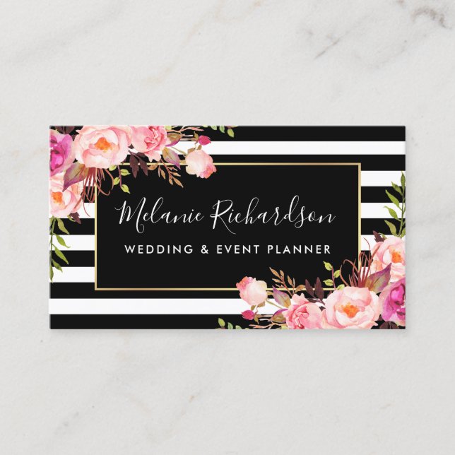 Modern Elegant Black Striped Pink Floral Business Card (Front)