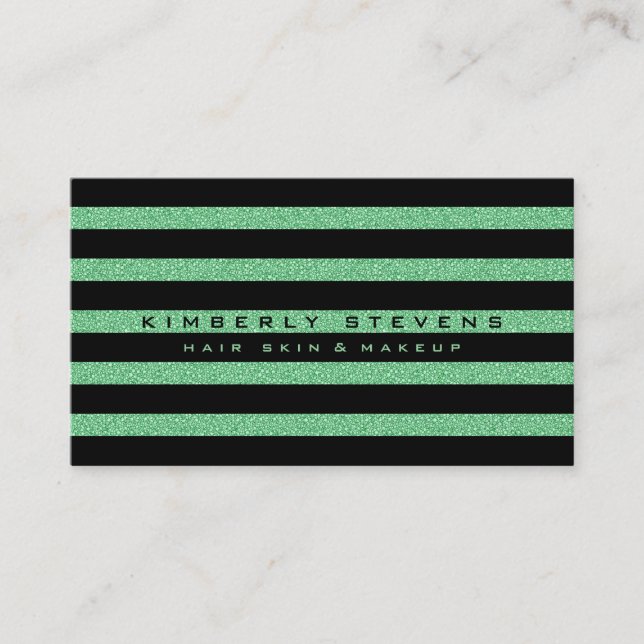 Modern Elegant Black Stripes & Green Glitter Business Card (Front)