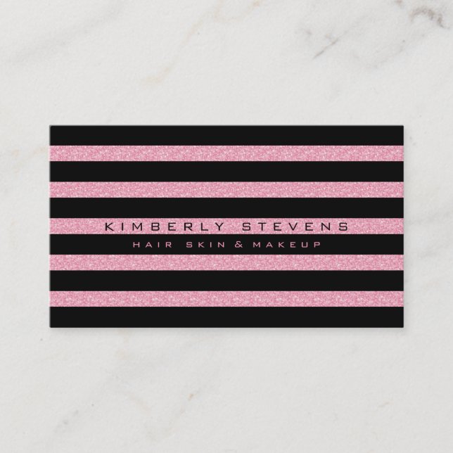 Modern Elegant Black Stripes & Pink Glitter Business Card (Front)