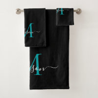 Modern Elegant Black Teal Monogram Script Name
