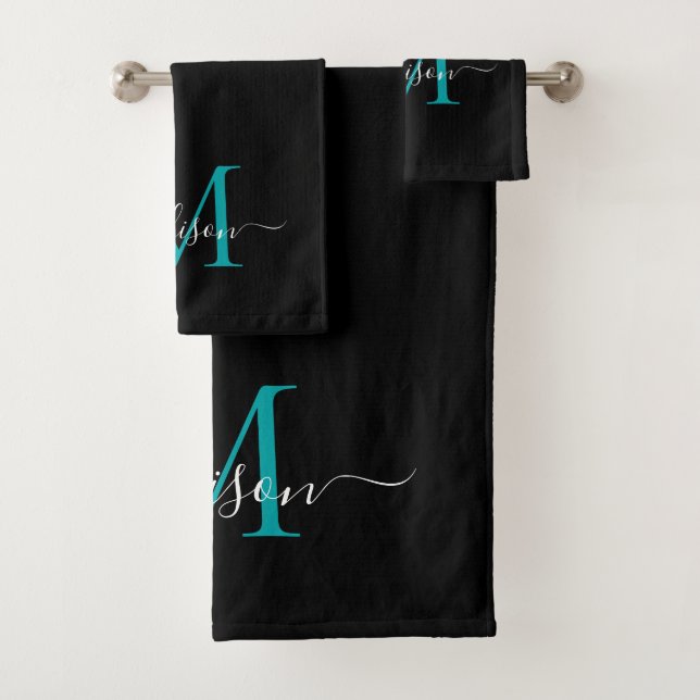 Modern Elegant Black Teal Monogram Script Name Bath Towel Set (Insitu)