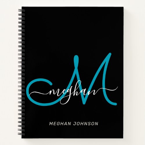 Modern Elegant Black Teal Script Monogram Notebook
