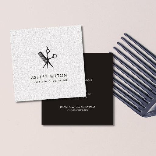 Customizable Modern Elegant Black Texture White Hair Stylist Square Business Card