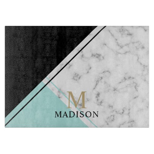 Modern elegant black turquoise marble monogram cutting board