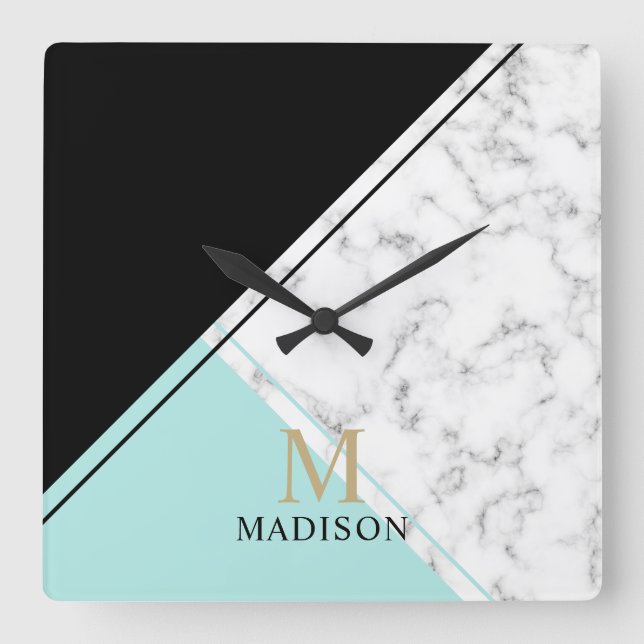 Modern elegant black turquoise marble monogram square wall clock (Front)