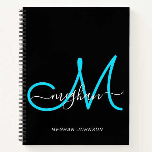 Modern Elegant Black Turquoise Script Monogram Notebook