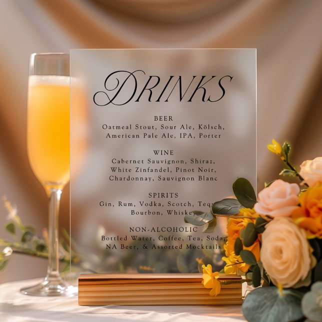 Modern Elegant Black Typography Wedding Drink Menu Acrylic Sign (Please note: The wooden stand does not come with the sign. Zazzle sells a wood block stand.)