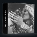Modern Elegant Black Wedding Photo Album 3 Ring Binder<br><div class="desc">Modern wedding binder featuring your favorite photo with "our wedding" in a thin white handwriting script overlay. Below are your names, and wedding details. The spine and back are black and you may add any text you like to the spine. A simple yet elegant design that makes your picture the...</div>