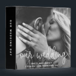 Modern Elegant Black Wedding Photo Album 3 Ring Binder<br><div class="desc">Modern wedding binder featuring your favorite photo with "our wedding" in a thin white handwriting script overlay. Below are your names, and wedding details. The spine and back are black and you may add any text you like to the spine. A simple yet elegant design that makes your picture the...</div>