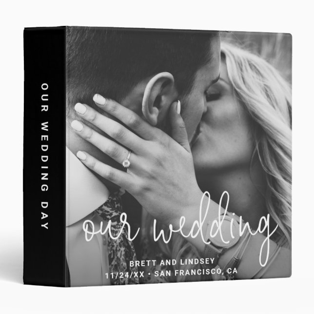 Modern Elegant Black Wedding Photo Album 3 Ring Binder (Front/Spine)