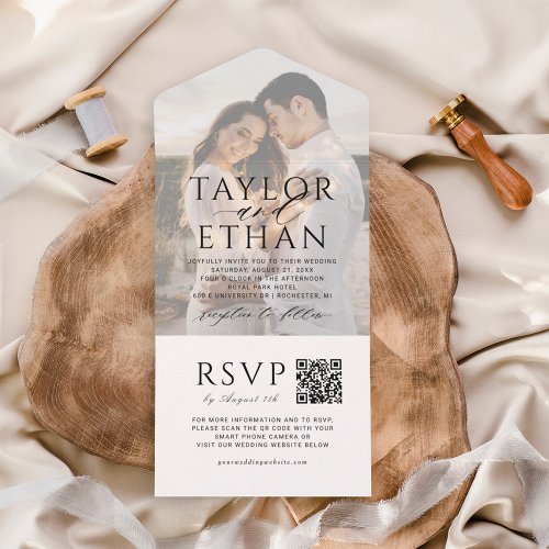 Modern Elegant Black Wedding Photo QR Code All In One Invitation
