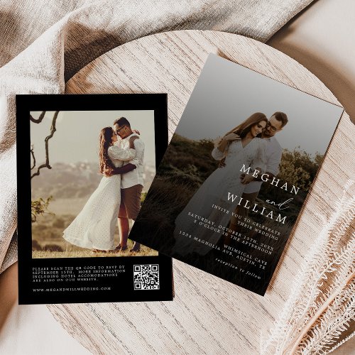 Modern Elegant Black Wedding Photo QR Code Invitation