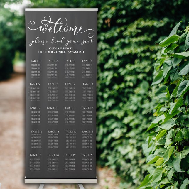 Modern Elegant Black Wedding Seating Chart Retractable Banner (Creator Uploaded)
