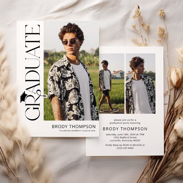 Modern Elegant Black & White 3 Photo Graduation Invitation (Creator Uploaded)