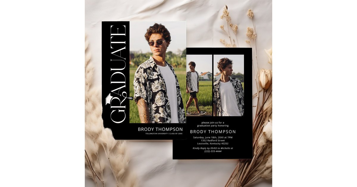 Modern Elegant Black & White 3 Photo Graduation Invitation | Zazzle