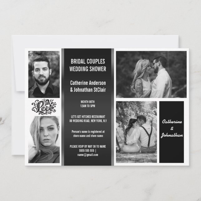 Modern elegant black white 4 photo couples shower invitation (Front)